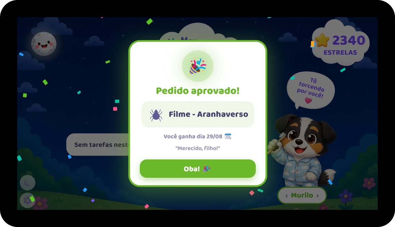 Cartão na tela dizendo Pedido aprovado, com o prêmio Filme Aranhaverso, a data 29 de agosto, o recado dos pais Merecido, filho, e o botão Oba.