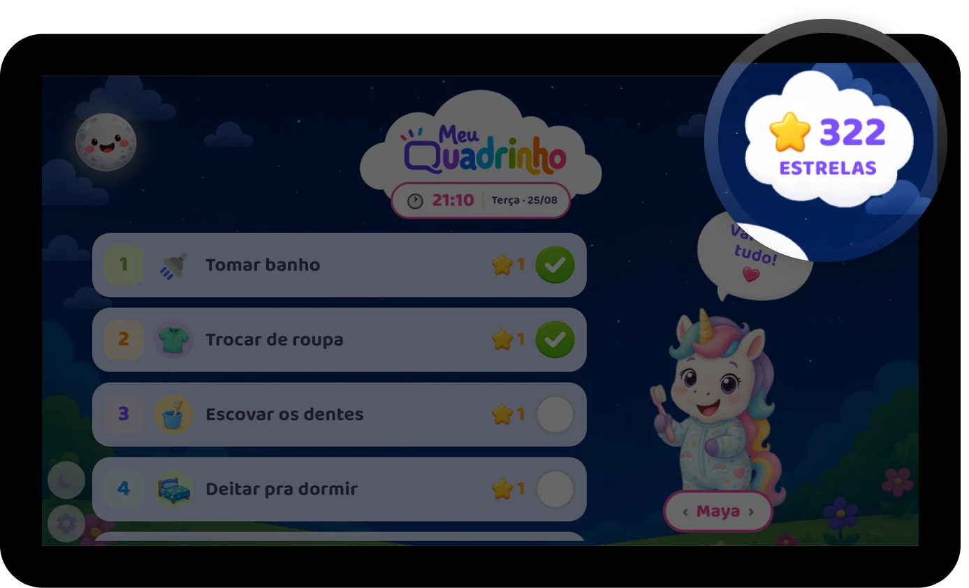 Tela noturna do Meu Quadrinho. Uma lupa amplia a nuvem com o saldo de 322 estrelas.