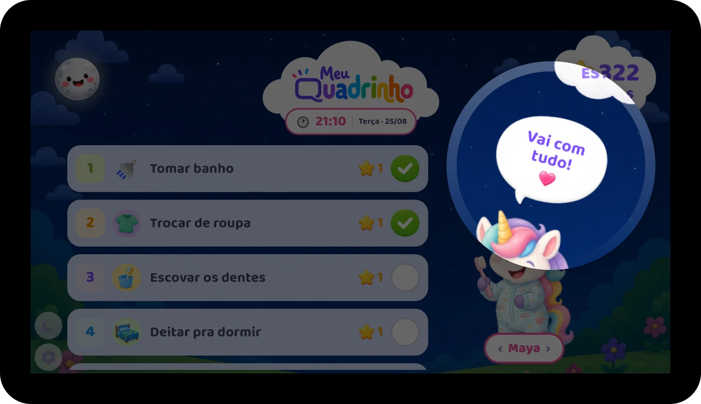 Tela noturna do Meu Quadrinho. Uma lupa amplia a mascote Maya, uma unicórnio de pijama, com um balão de fala dizendo Vai com tudo.