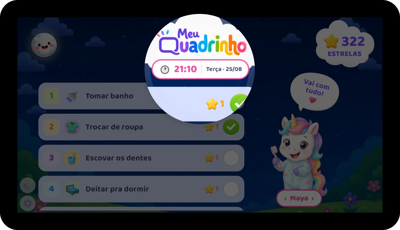 Tela noturna do Meu Quadrinho com a rotina de dormir. Uma lupa amplia o relógio, que marca 21:10, terça, 25 de agosto.