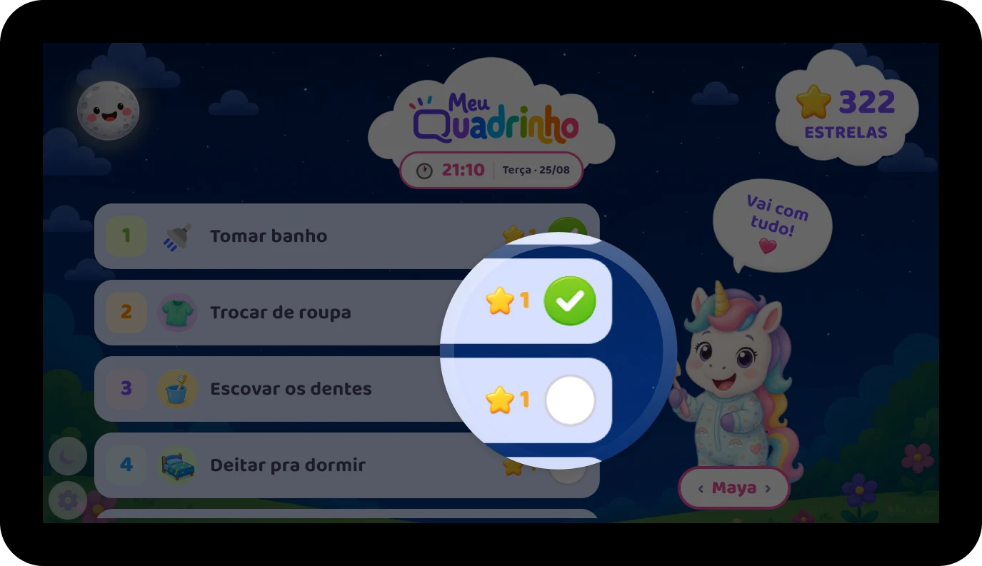 Rotina de dormir na tela do Meu Quadrinho. Uma lupa amplia duas tarefas: uma concluída, com visto verde, e outra ainda por fazer.