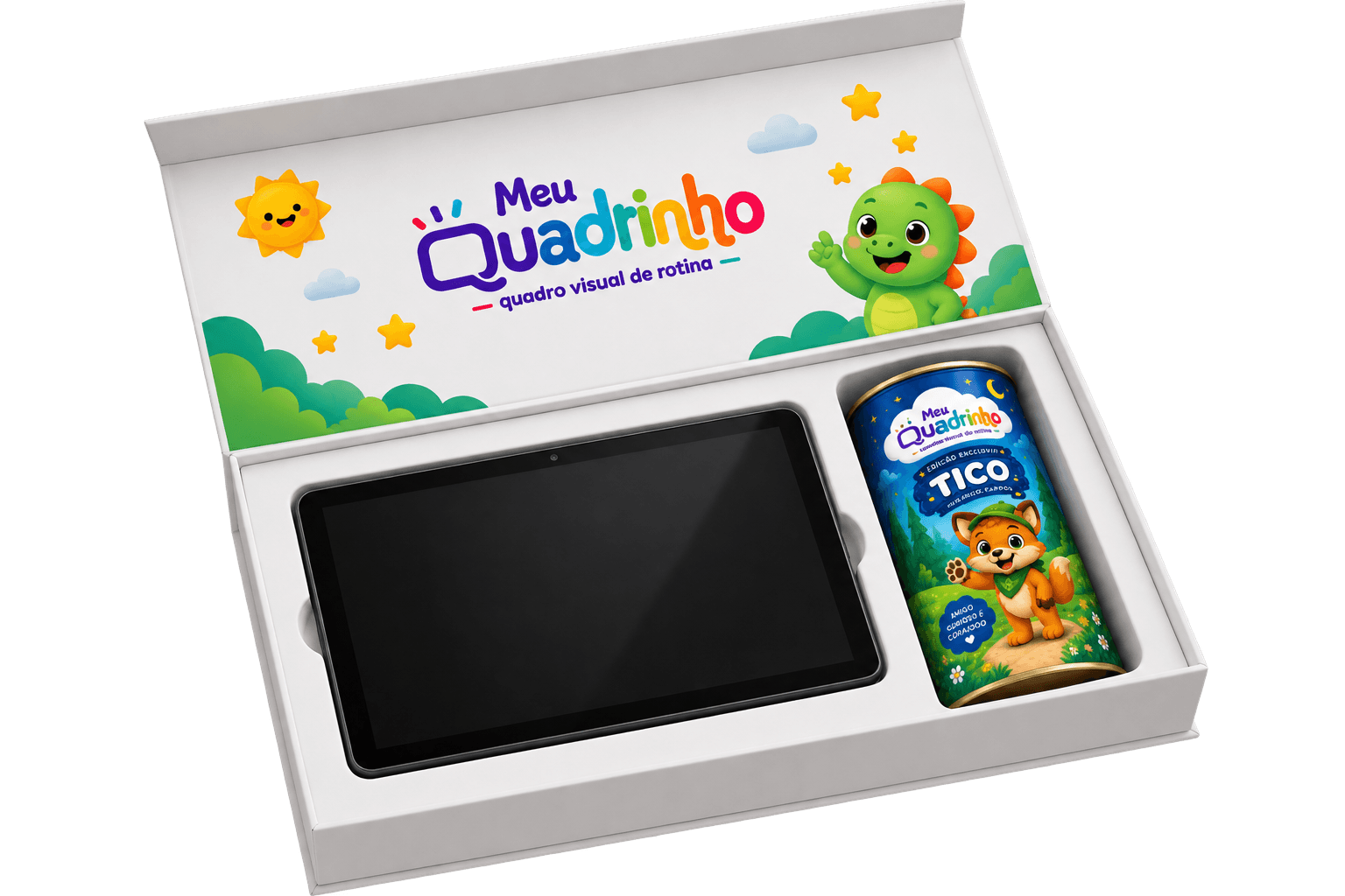 A caixa aberta, com o quadrinho e a lata do Tico encaixados